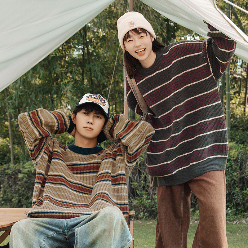 Streetwear Brand England - 한국 패션 빈티지 스트라이프 니트 스웨터