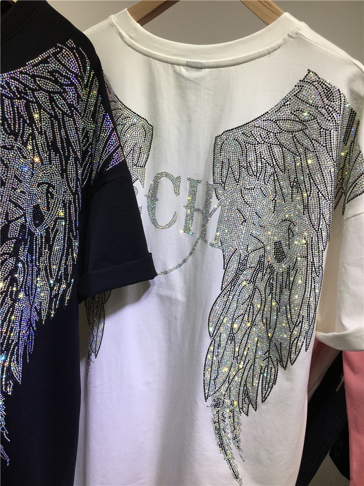 L-4XL 오버사이즈 라인스톤 엔젤 윙 할리 티셔츠,  - Women Streetwear Brand 리뷰 및 가격
