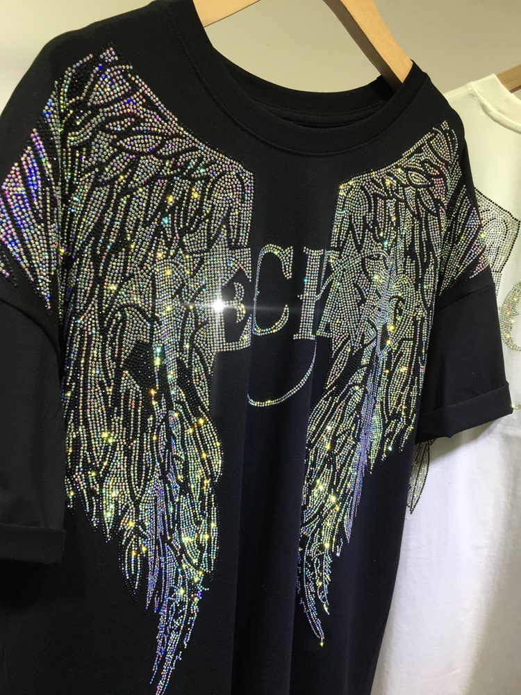L-4XL 오버사이즈 라인스톤 엔젤 윙 할리 티셔츠,  - Women Streetwear Brand 리뷰 및 가격